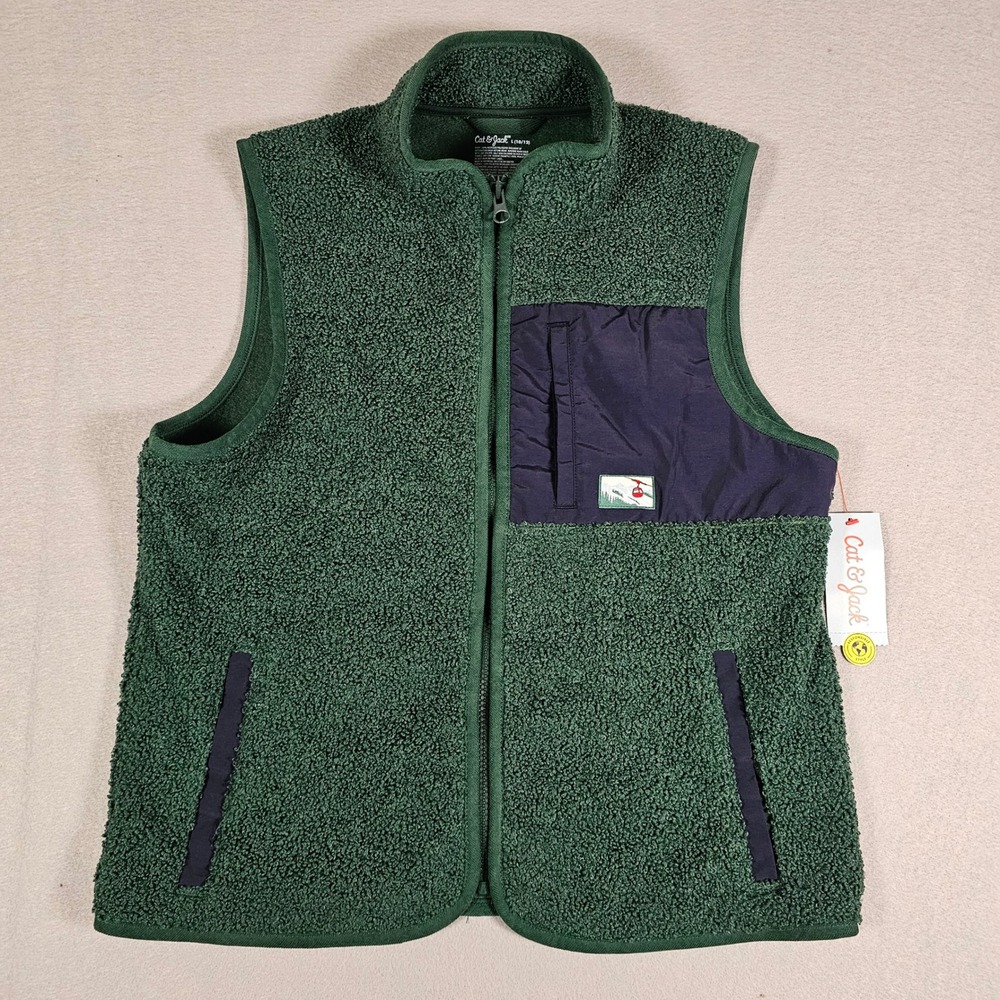 Cat & Jack Kids Dark Green Sherpa Fleece Vest L 10/12 Full Zip NWT